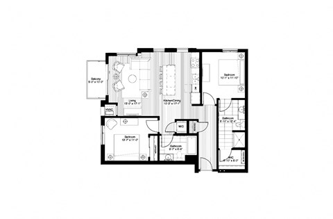 Floor plan for 2 beds, 2 baths, 1068 sqft
